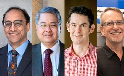 From left: Queensland Brain Institute director Professor Pankaj Sah; Centre for Advanced Imaging director Professor David Reutens, Professor Paul Hodges from the School of Health and Rehabilitation Sciences, and School of Chemistry and Molecular Biosciences’ head Professor Paul Young. Composite photo of the four new AAHMS fellows